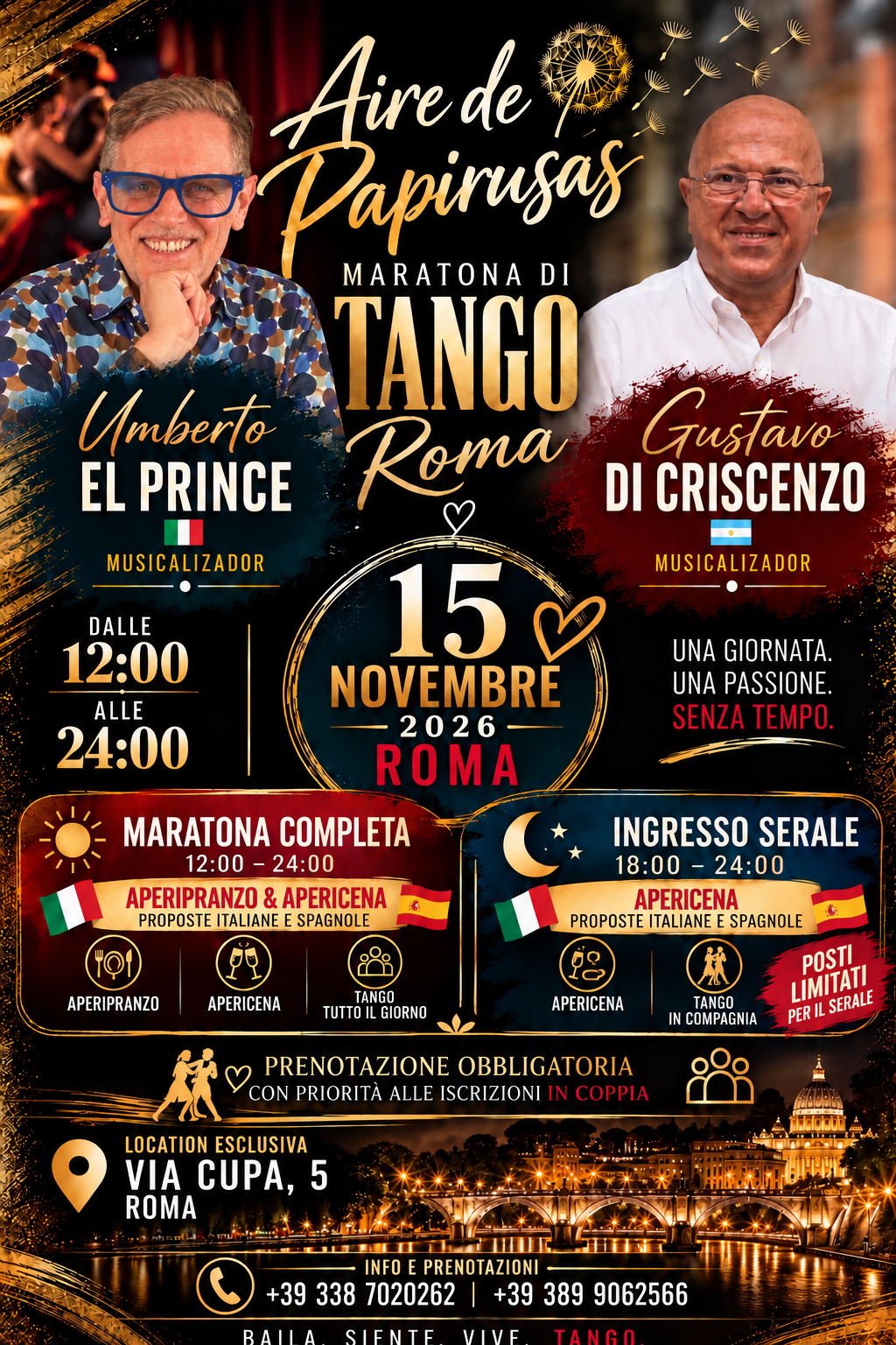 Flyer Aire de Papirusas — Maratona di Tango Roma 15 novembre 2026, senza sezione Prenota Ora